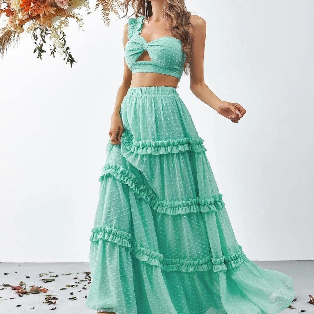 Mint Blue Swiss Dot Ruffle Trim Crop Tube Top & Layer Hem Skirt - Picture 3 of 5